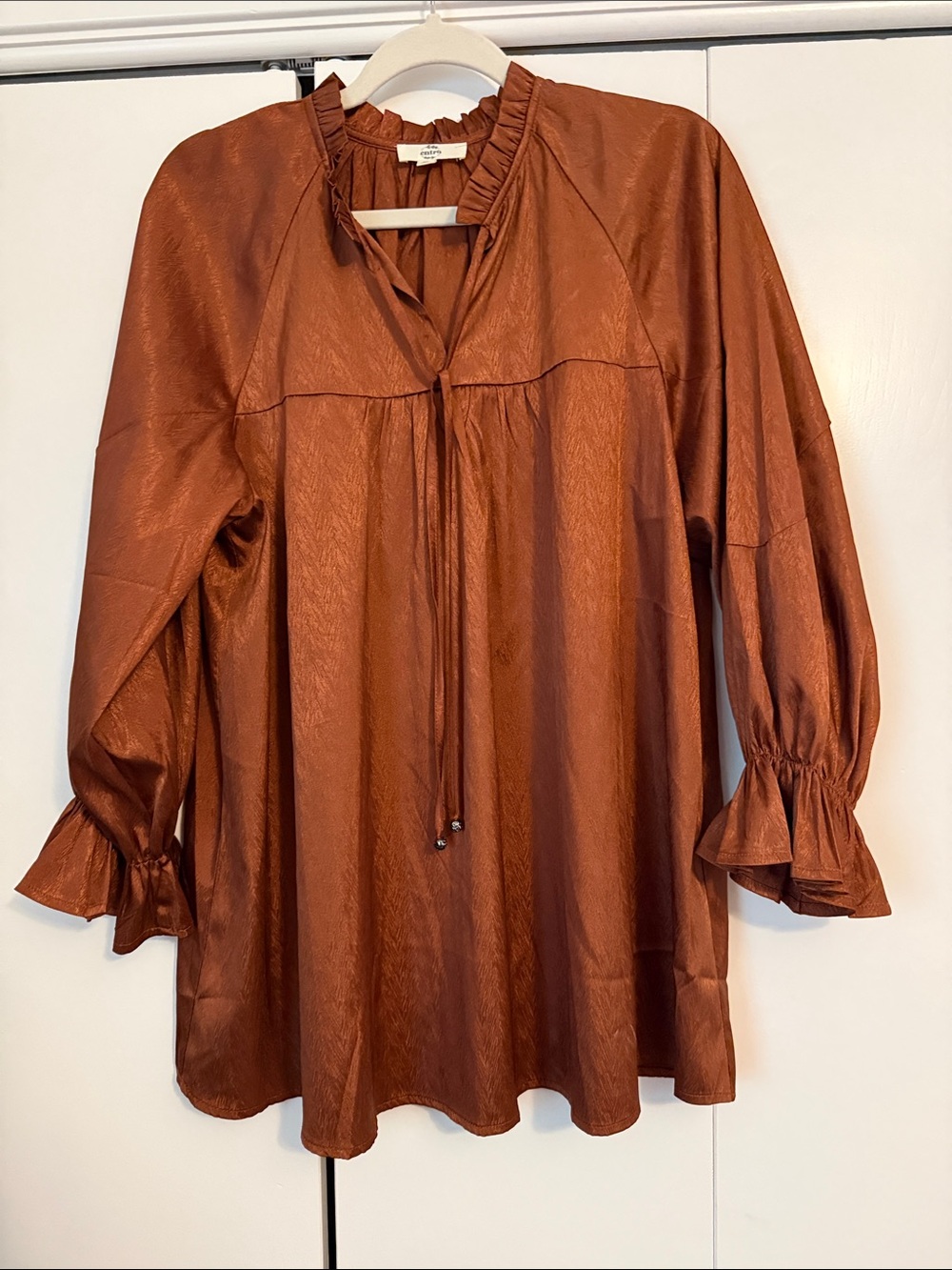 entro Rust Brown Ruffle-Neck Peasant Tunic